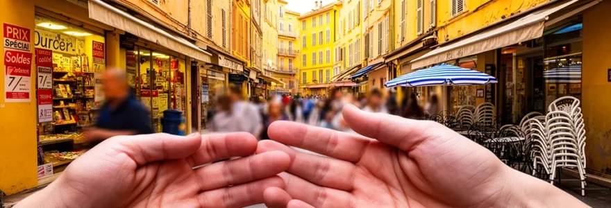 Rue commerçante animée du Vieux-Nice avec façades ocre et vitrines ouvertes