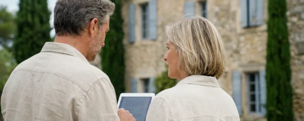 Couple consultant une visite virtuelle immobilière devant un mas provençal authentique