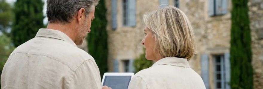 Couple consultant une visite virtuelle immobilière devant un mas provençal authentique