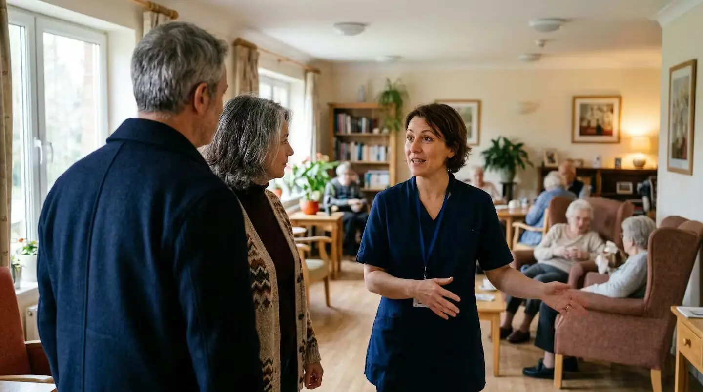 Couple écoutant les explications d'un responsable d'EHPAD lors d'une visite dans un espace commun lumineux