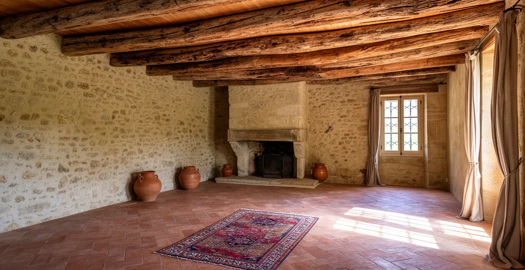 Salon authentique d'un mas provençal avec poutres apparentes et tomettes, visite virtuelle immobilier prestige