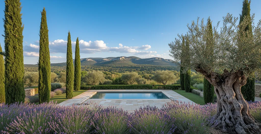 Jardin méditerranéen authentique avec olivier et vue Alpilles depuis terrasse mas provençal