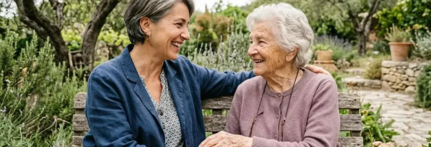 Femme quinquagénaire partageant un moment de complicité avec sa mère âgée sur un banc de jardin méditerranéen près de Martigues