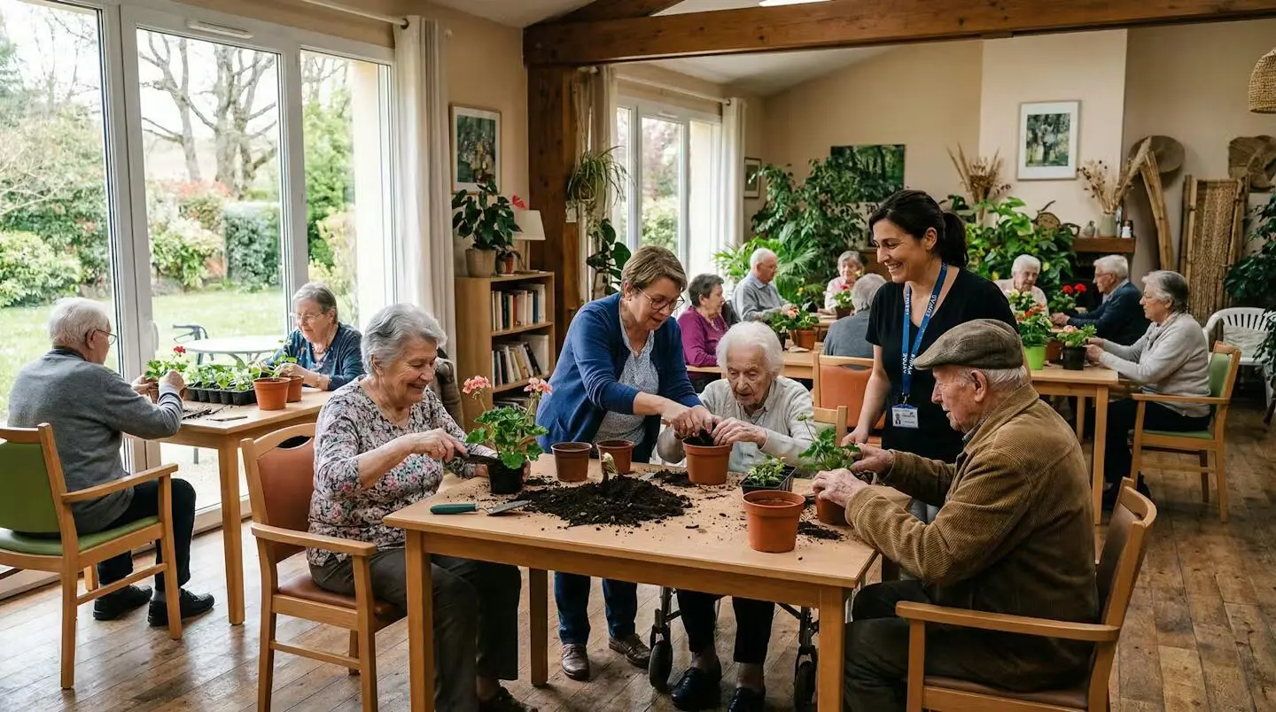 Salle commune lumineuse d'EHPAD avec résidents participant à un atelier de jardinage