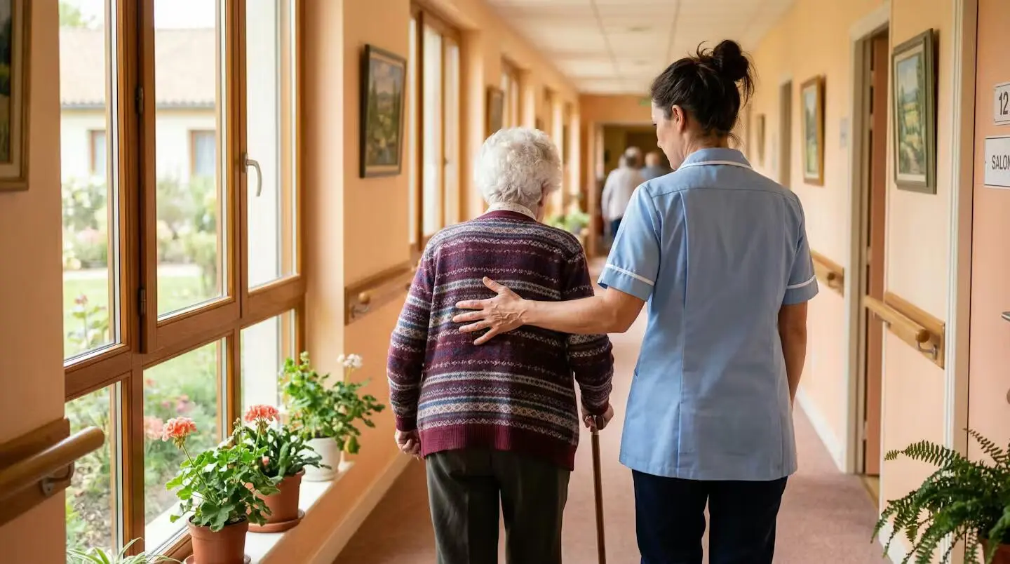 Aide-soignante accompagnant une résidente âgée dans un couloir lumineux d'EHPAD avec bienveillance