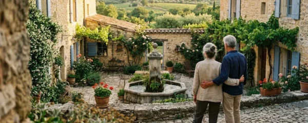 Un couple mature vu de dos contemple la cour intérieure d'une bastide provençale avec sa fontaine en pierre, baignée dans la lumière dorée de fin de journée