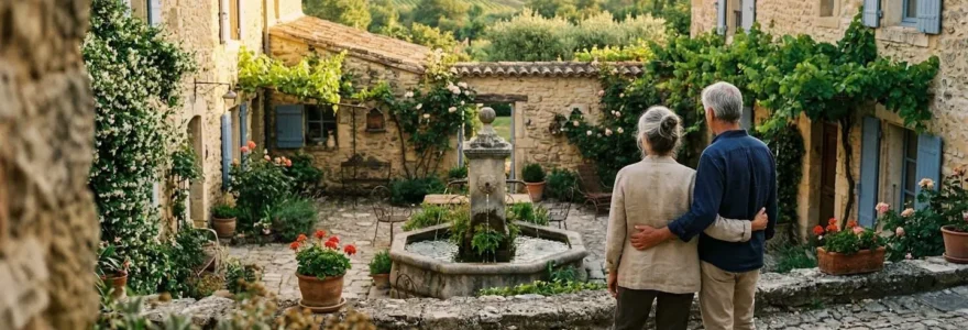 Un couple mature vu de dos contemple la cour intérieure d'une bastide provençale avec sa fontaine en pierre, baignée dans la lumière dorée de fin de journée