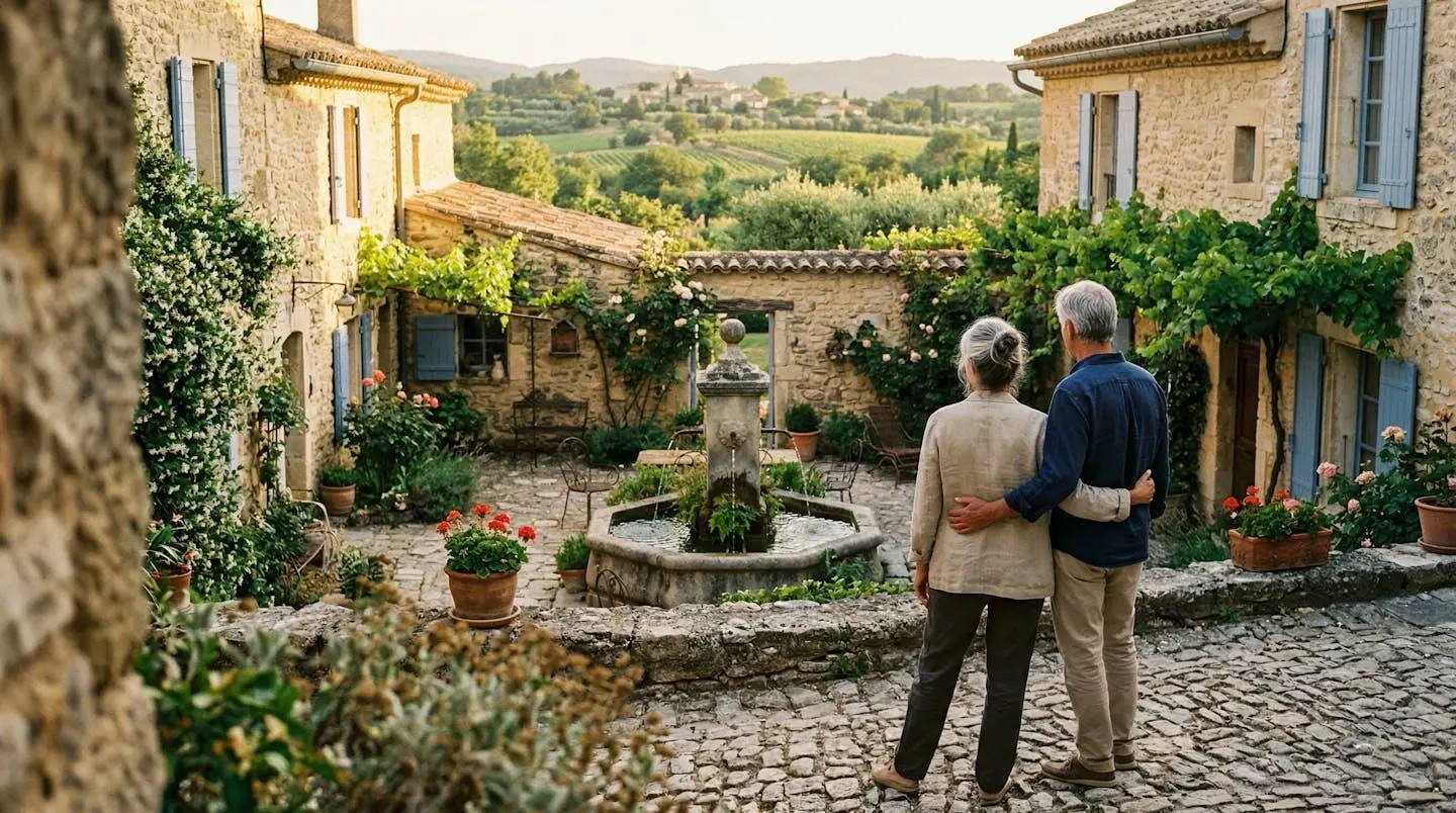 Un couple mature vu de dos contemple la cour intérieure d'une bastide provençale avec sa fontaine en pierre, baignée dans la lumière dorée de fin de journée