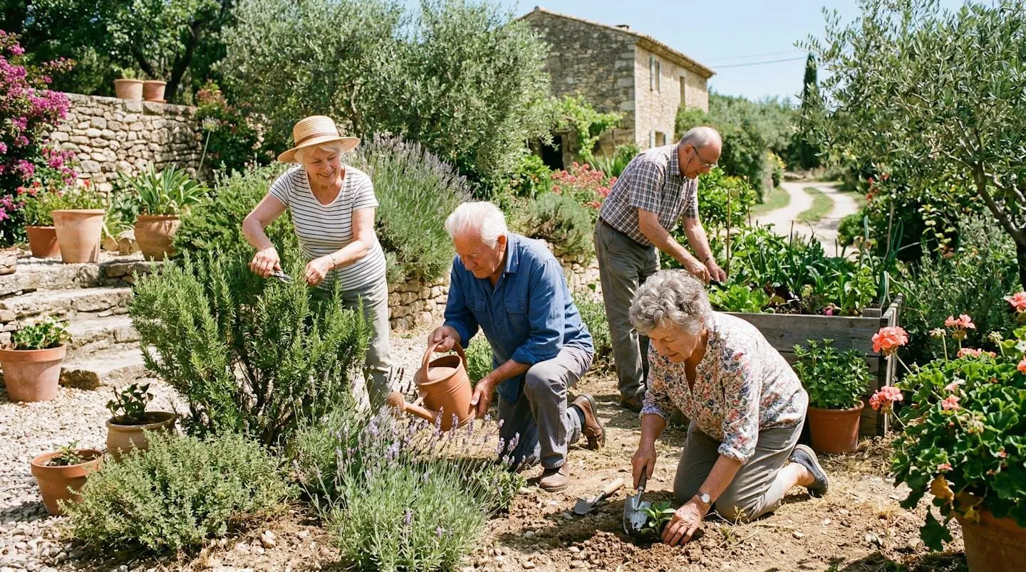 Petit groupe de personnes âgées participant à une activité de jardinage dans un jardin ensoleillé de style méditerranéen
