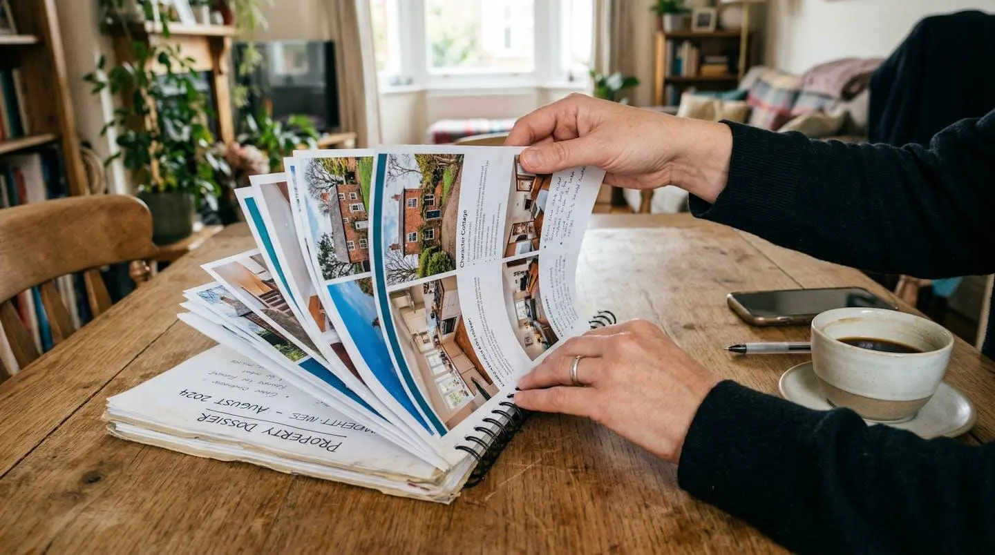 Des mains feuilletant un dossier contenant des photos de propriétés sur une table en bois rustique, une tasse de café posée à côté, lumière naturelle intérieure
