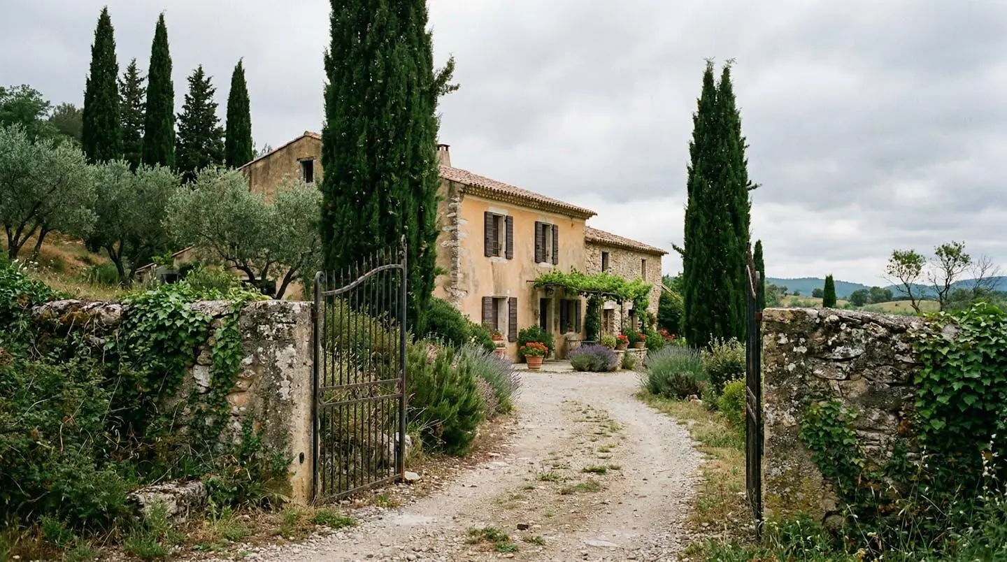 Vue extérieure partielle d'un mas provençal avec cyprès, portail ancien en fer forgé entrouvert laissant apercevoir une allée gravillonnée, lumière matinale douce