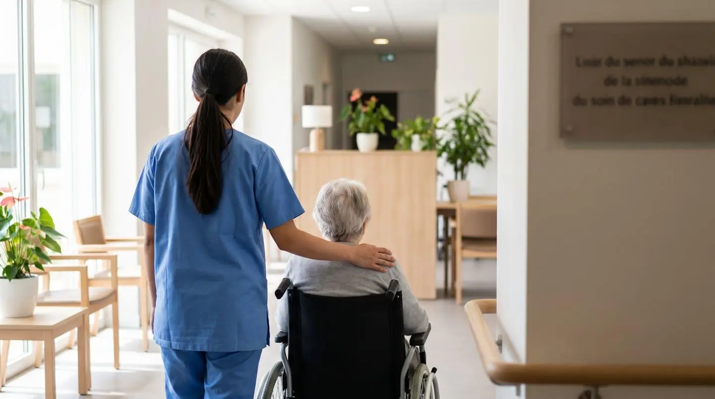 Une aide-soignante accompagne avec attention un résident en fauteuil roulant près d