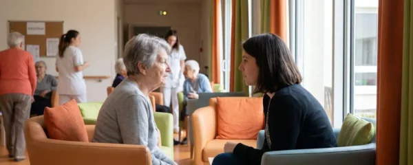 Une résidente âgée et sa fille discutent calmement dans un salon lumineux d