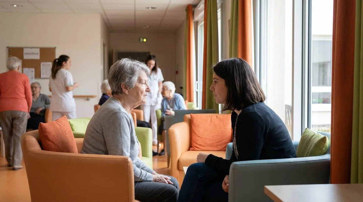 Une résidente âgée et sa fille discutent calmement dans un salon lumineux d